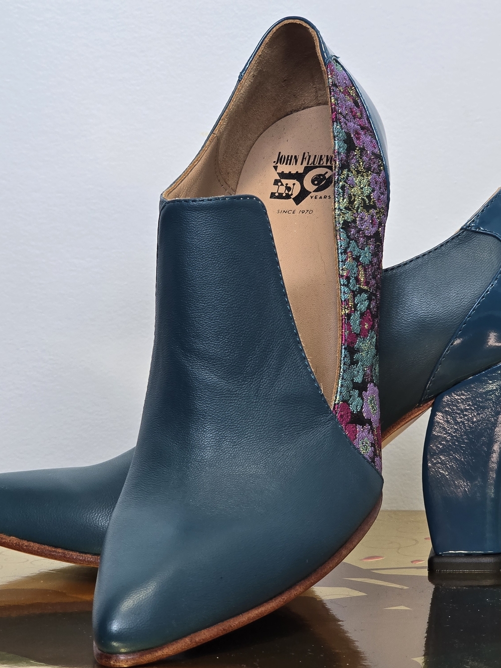 John Fluevog Teal Leather Heels with Multicolor Floral Embroidery - Picture 11 of 13